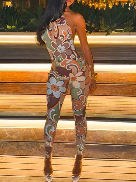 Tropical Print Halter Neck : Bodycon Jumpsuit