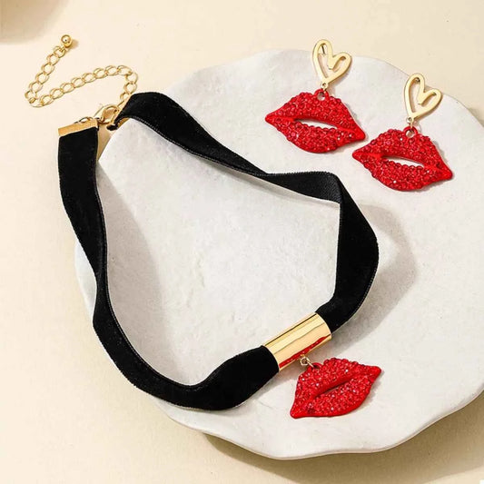 Rhinestone Lip Earrings and Necklace Jewelry Set