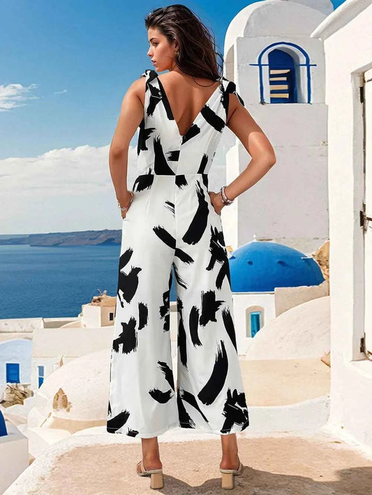 Perfee Tied Printed Surplice : Sleeveless Jumpsuit