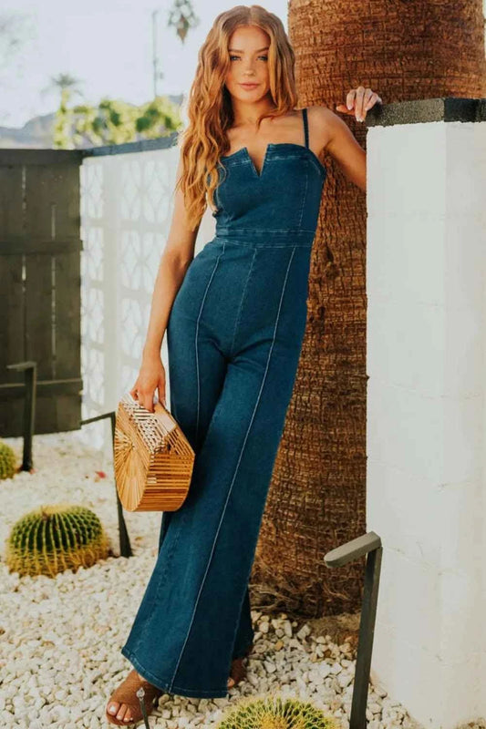 Spaghetti Strap Wide : Leg Denim Jumpsuit