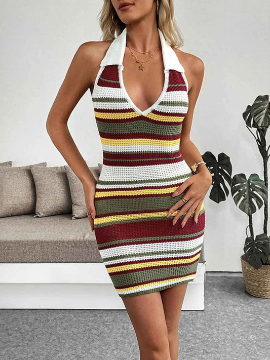 Multi-Color Striped Halter Neck : Knit Sweater Dress
