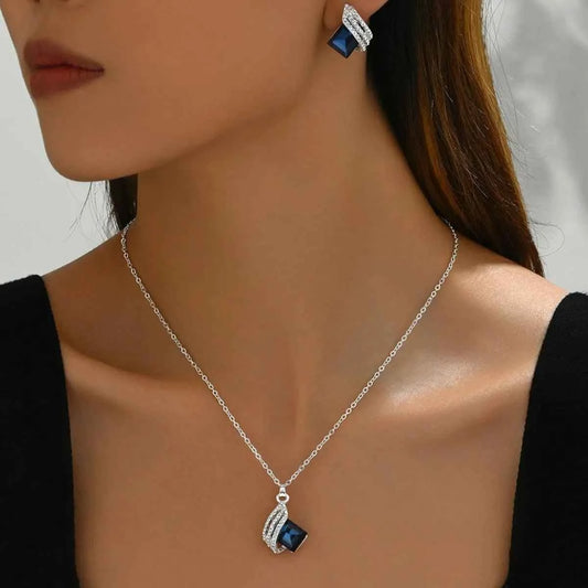Stainless Steel Crystal Geometric Earrings and Necklace : Jewelry Set