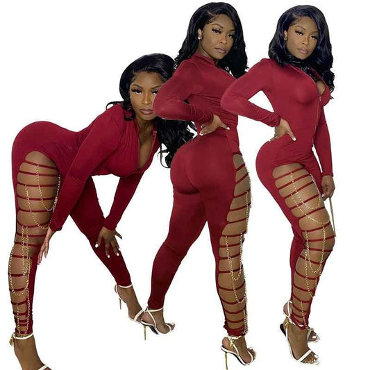 Red Front Long Sleeve Jumpsuit With Thigh Straps