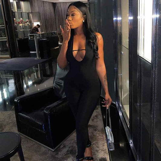 Sleeveless Halter Hollow Tight-Fitting Jumpsuit