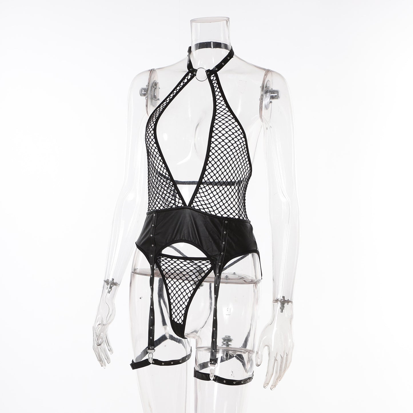 Wholesale Garter Bustier with Halter Neck and Fishnet Design Side View