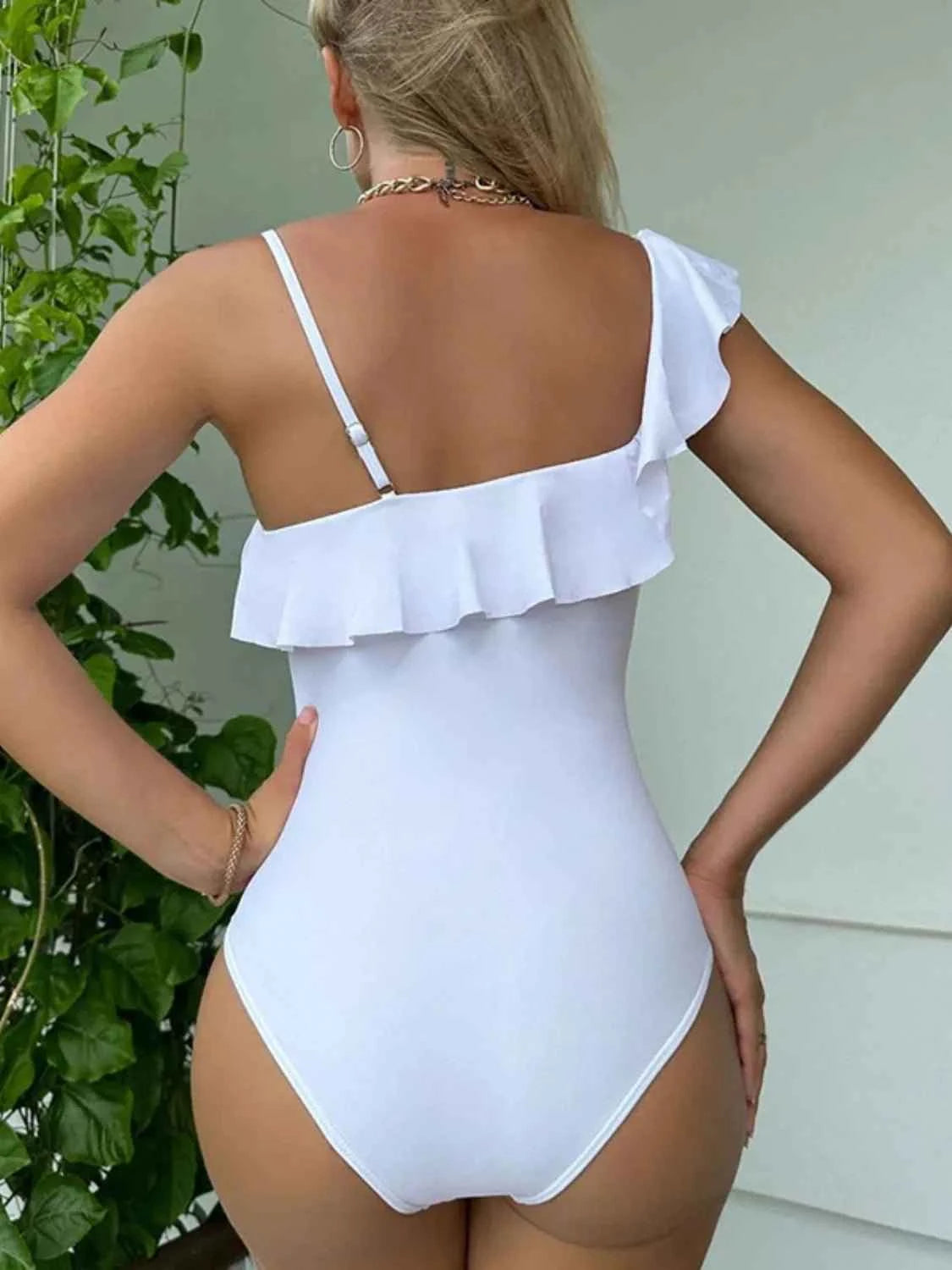 White Asymmetrical Ruffled : One-Piece Swimwear