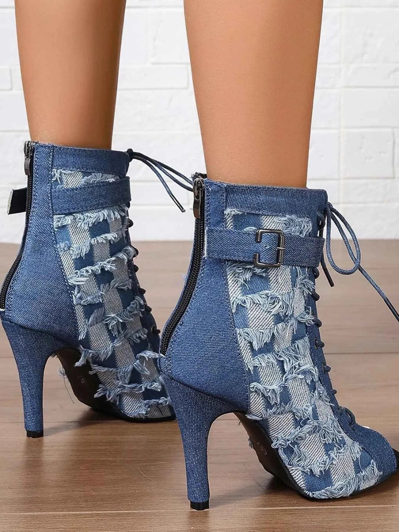 Distressed Denim Lace-Up Peep Toe Ankle Boots
