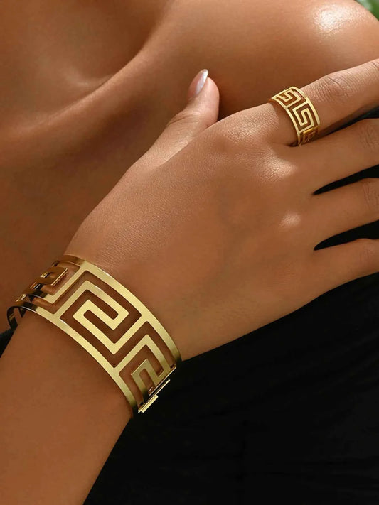 18K Gold-Plated Stainless Steel Geometric Bracelet and Ring Jewelry Set