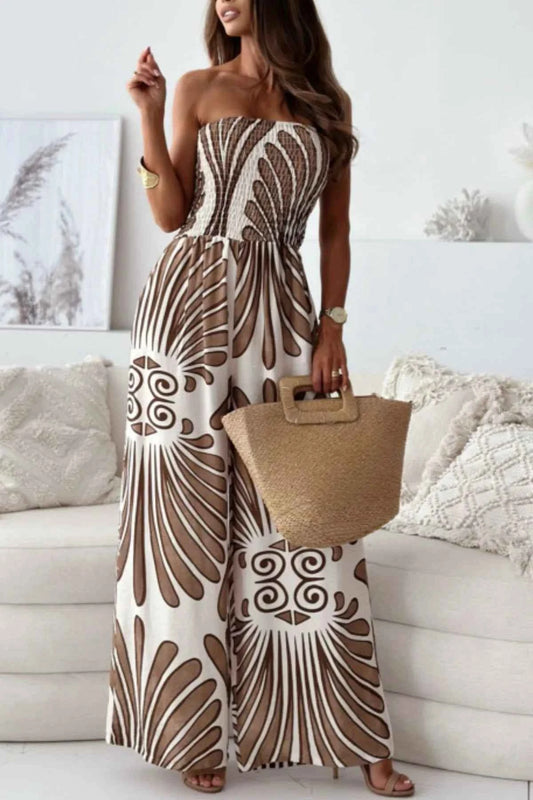 Printed Smocked : Tube Wide Leg Jumpsuit