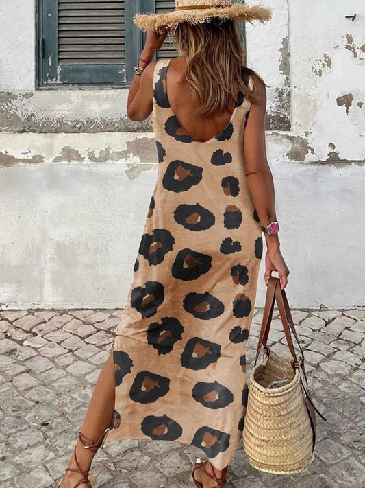 Slit Leopard Sleeveless : Maxi Dress