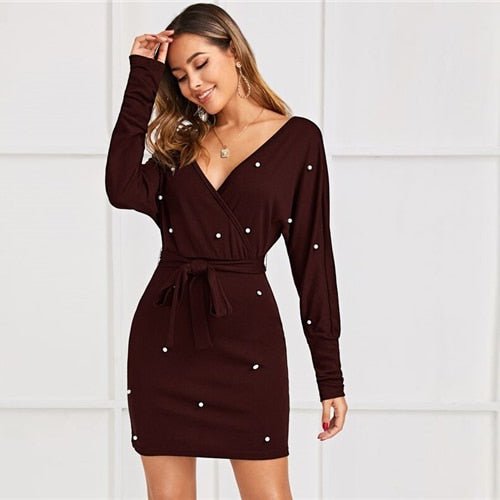 Black Deep V neck Pearls Beading Belted Elegant Dress Women 2019 Autumn High Waist Batwing Sleeve Wrap Bodycon Dresses-5