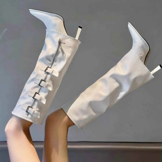 High-Quality Cowhide Leather
Buckle Stiletto Boots