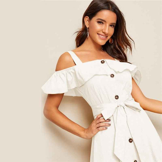 White Button-Down MIDI Dress With Fresh my Tie Waist