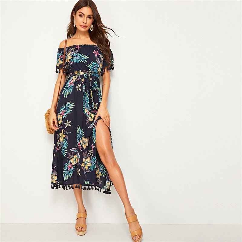 Navy Tropical Print Tassel Long Dresses