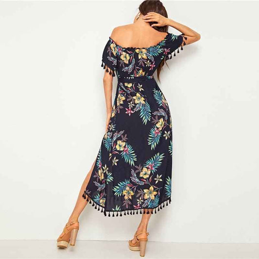 Navy Tropical Print Tassel Long Dresses