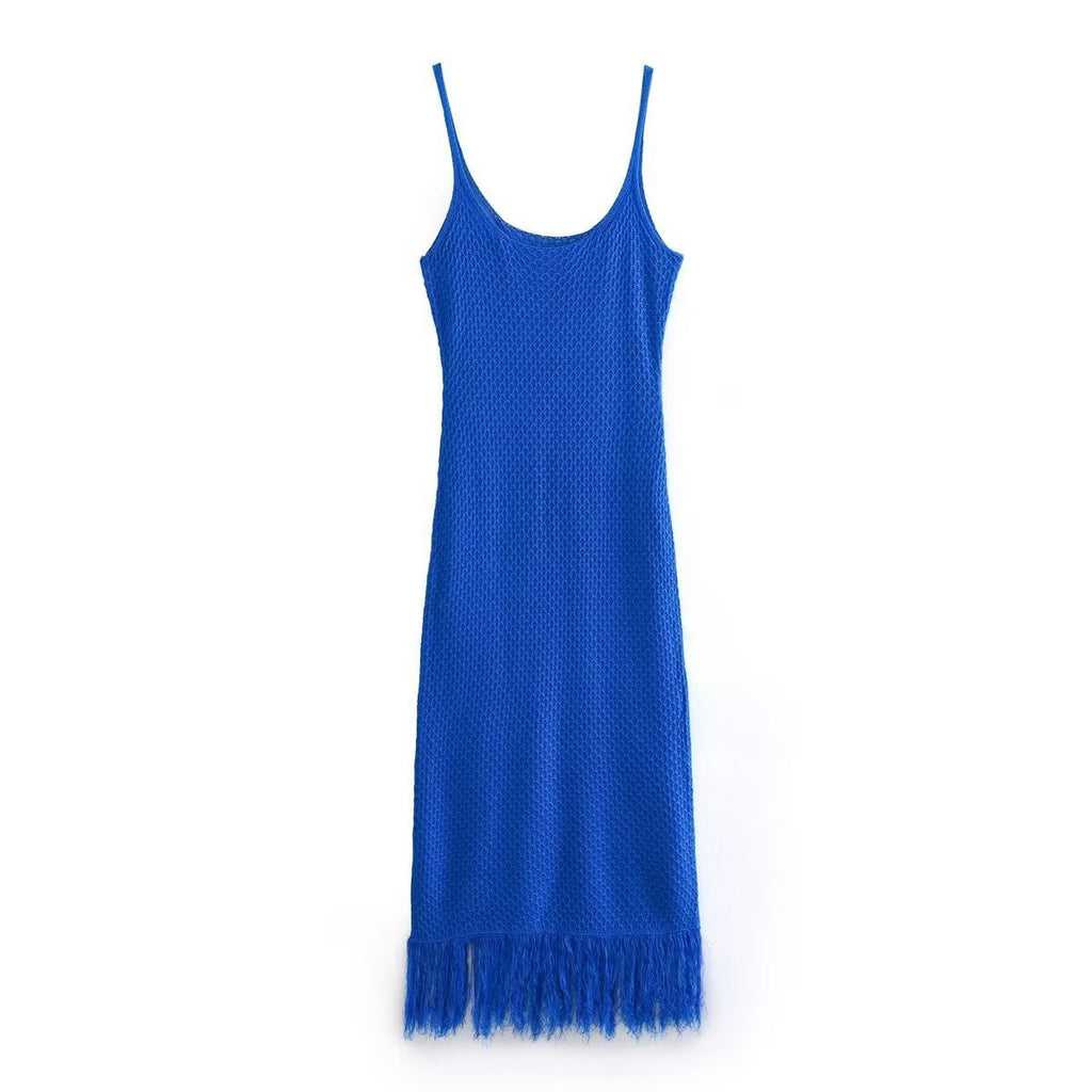 Woman Trendy Blue Square Collar Tassel Dress