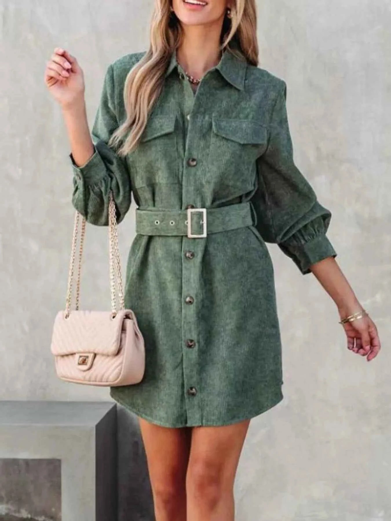 Stylish Button Front Belt Long Sleeve : Corduroy Dress