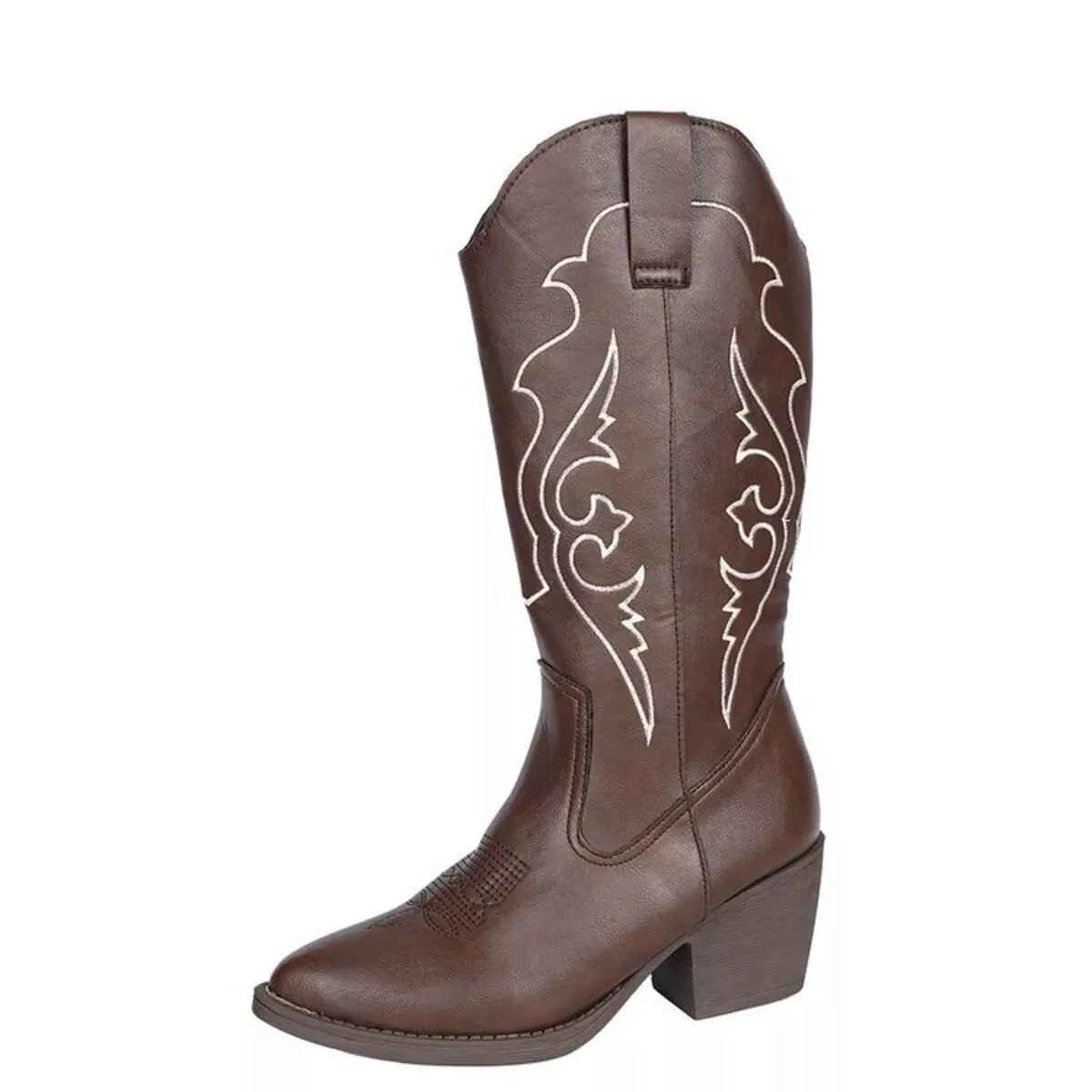 Brown Western Embroidered : Mid-Calf Boots