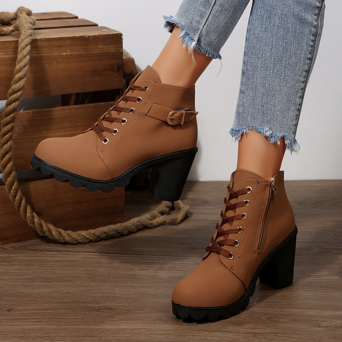 Womens Chunky Heel Leather Boots