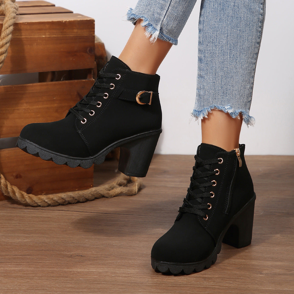 Womens Chunky Heel Leather Boots