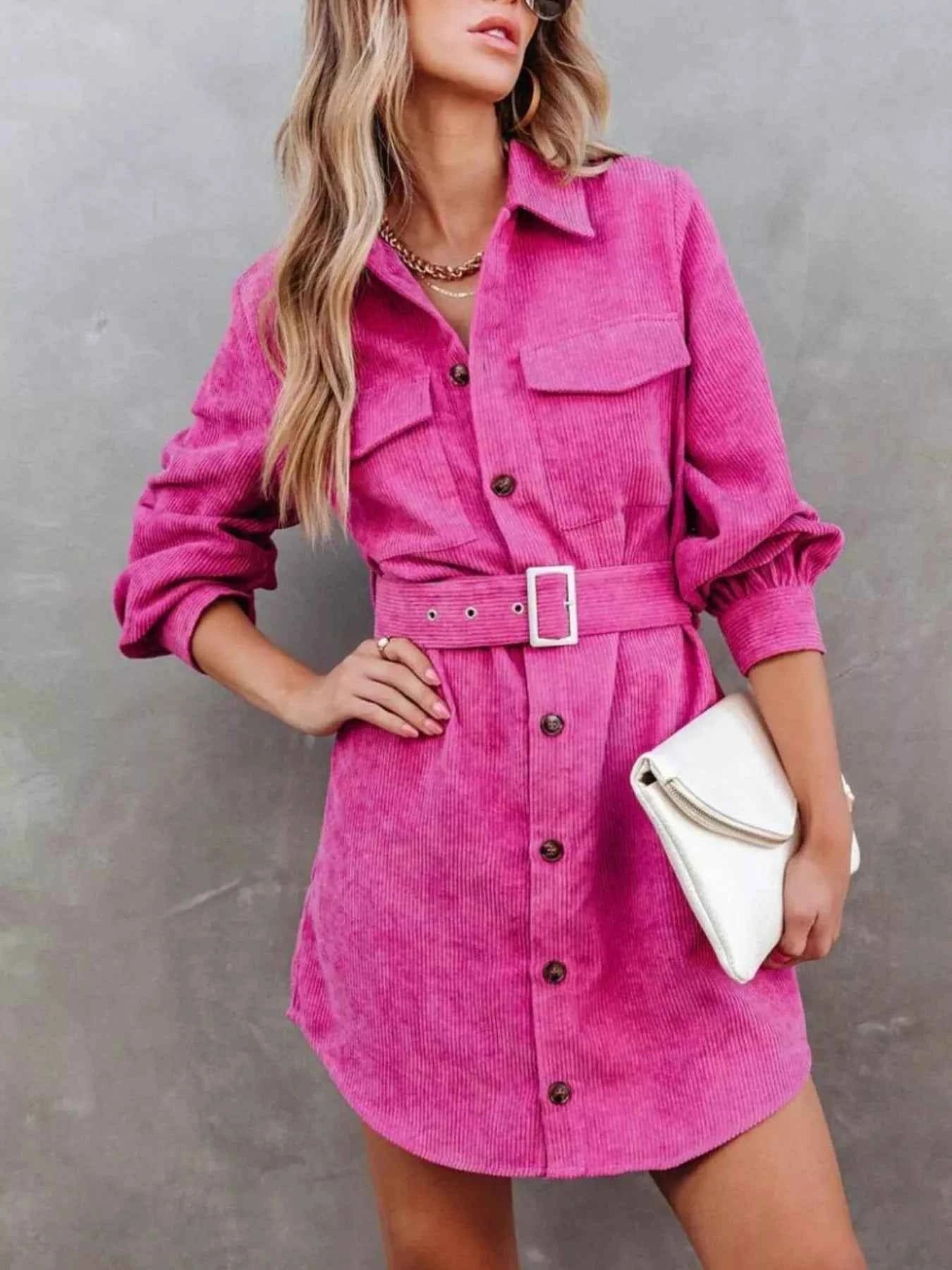 Stylish Button Front Belt Long Sleeve : Corduroy Dress