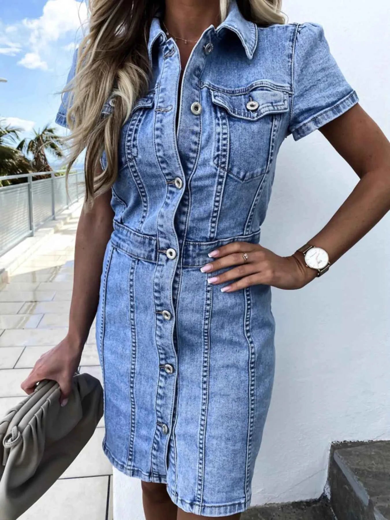 Button Front Short Sleeve : Denim Dress