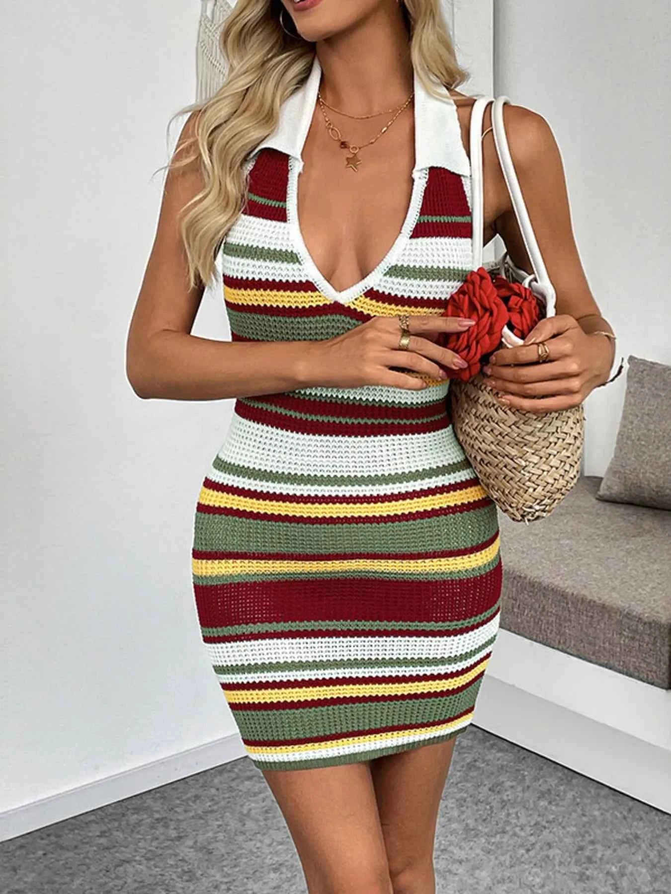 Multi-Color Striped Halter Neck : Knit Sweater Dress
