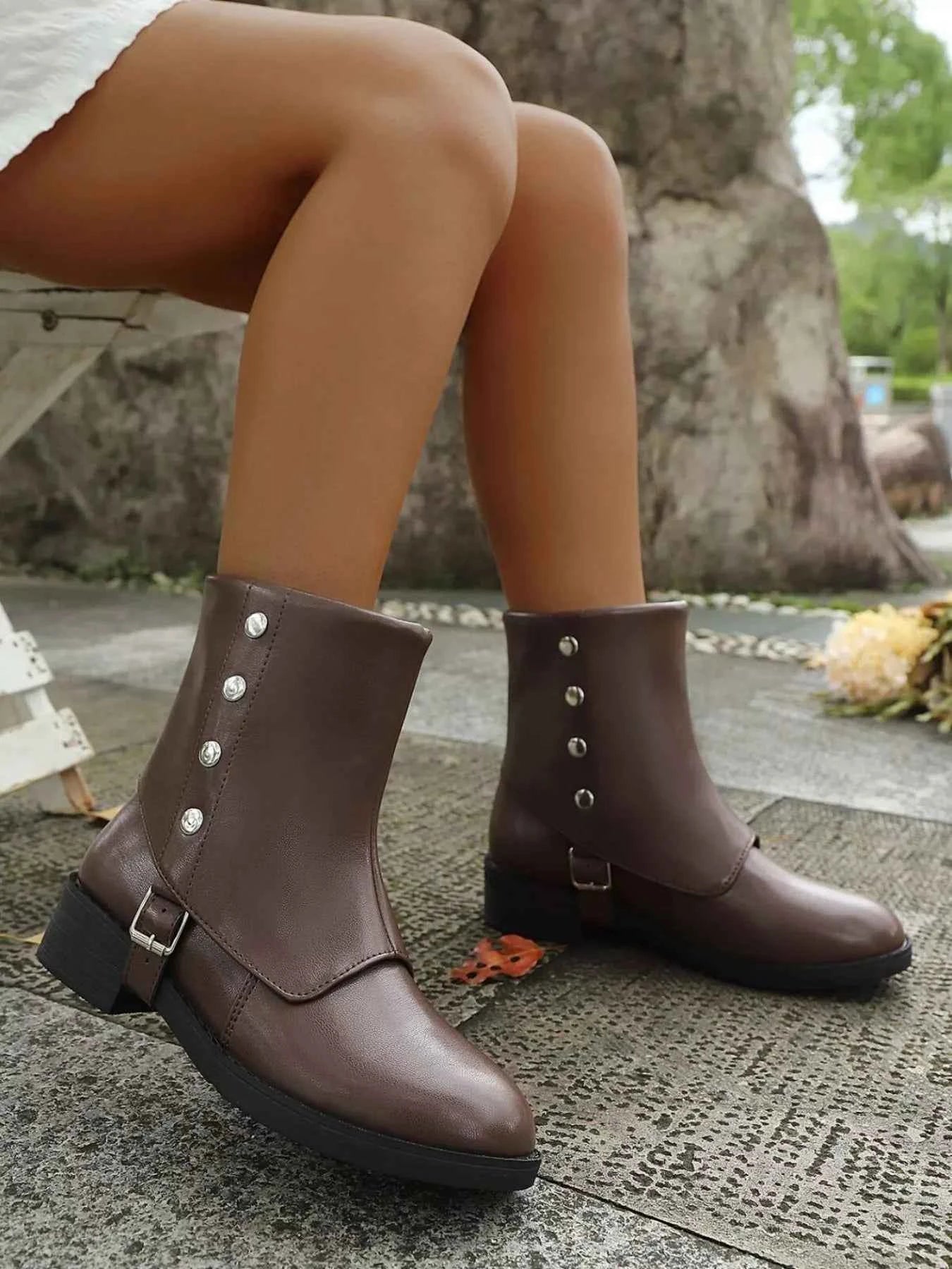 Stylish Buckled Block Heels Boots