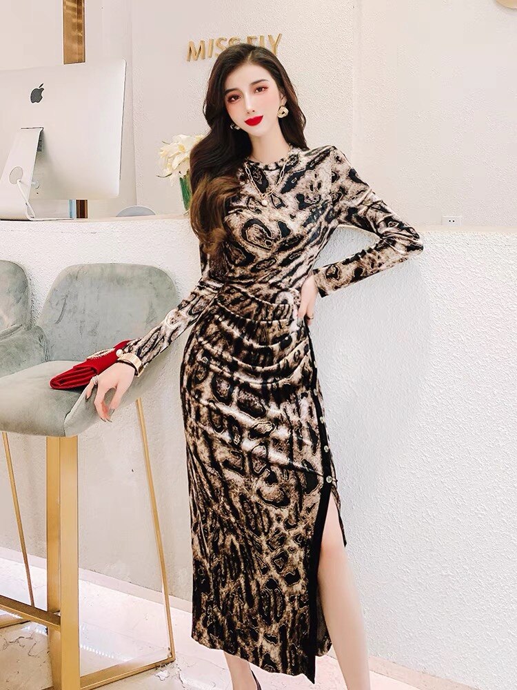 Designer Pencil Split Leopard Midi Dress