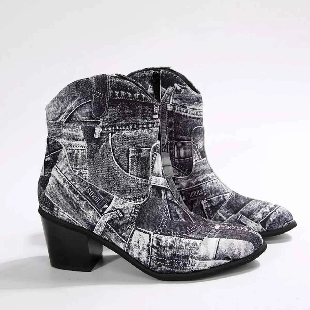 Demin Print : Point Toe Block Ankle Boots