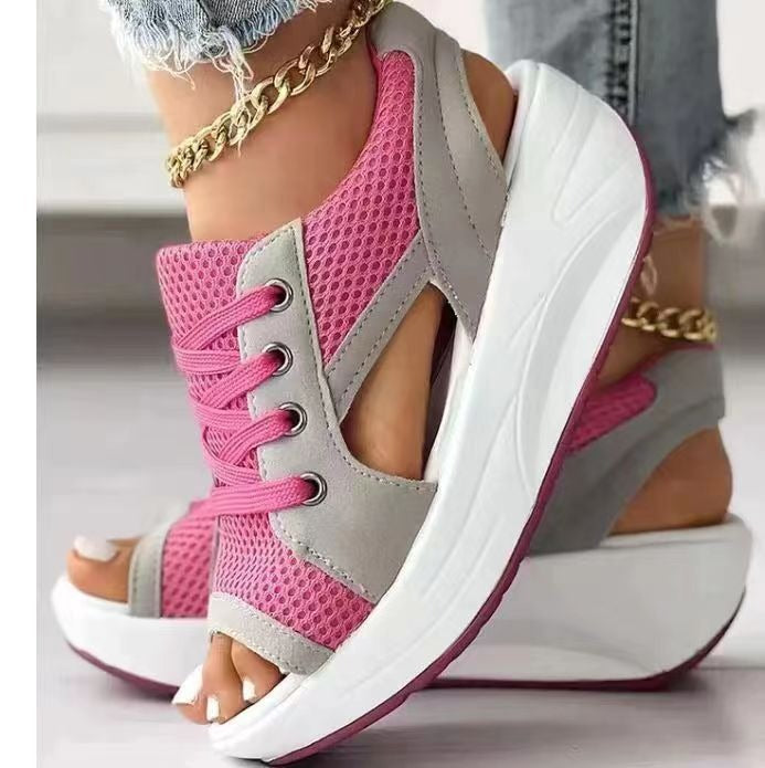 Summer Women Sandales Fashion Shoes Casual Flat Peep Toe Contrast Paneled Cutout Lace-up Muffin Sandals Platform Sport Sandalias eprolo