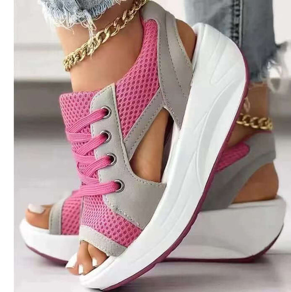 Summer Women Sandales Fashion Shoes Casual Flat Peep Toe Contrast Paneled Cutout Lace-up Muffin Sandals Platform Sport Sandalias eprolo