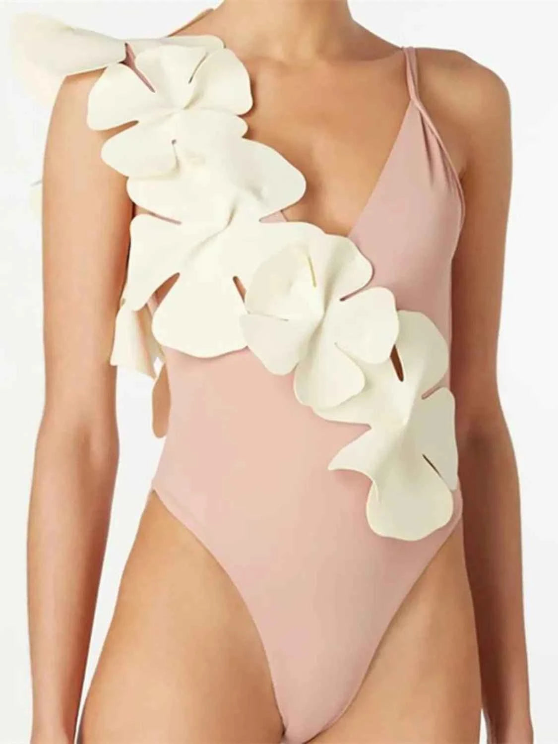 Contrast Flower Spaghetti Strap: One-Piece Swimwear