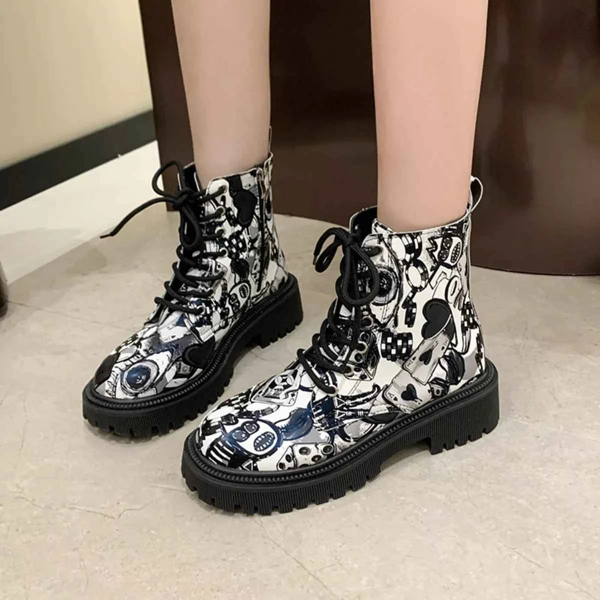 Graffiti Print Combat Boots : Colorful Street Art Design