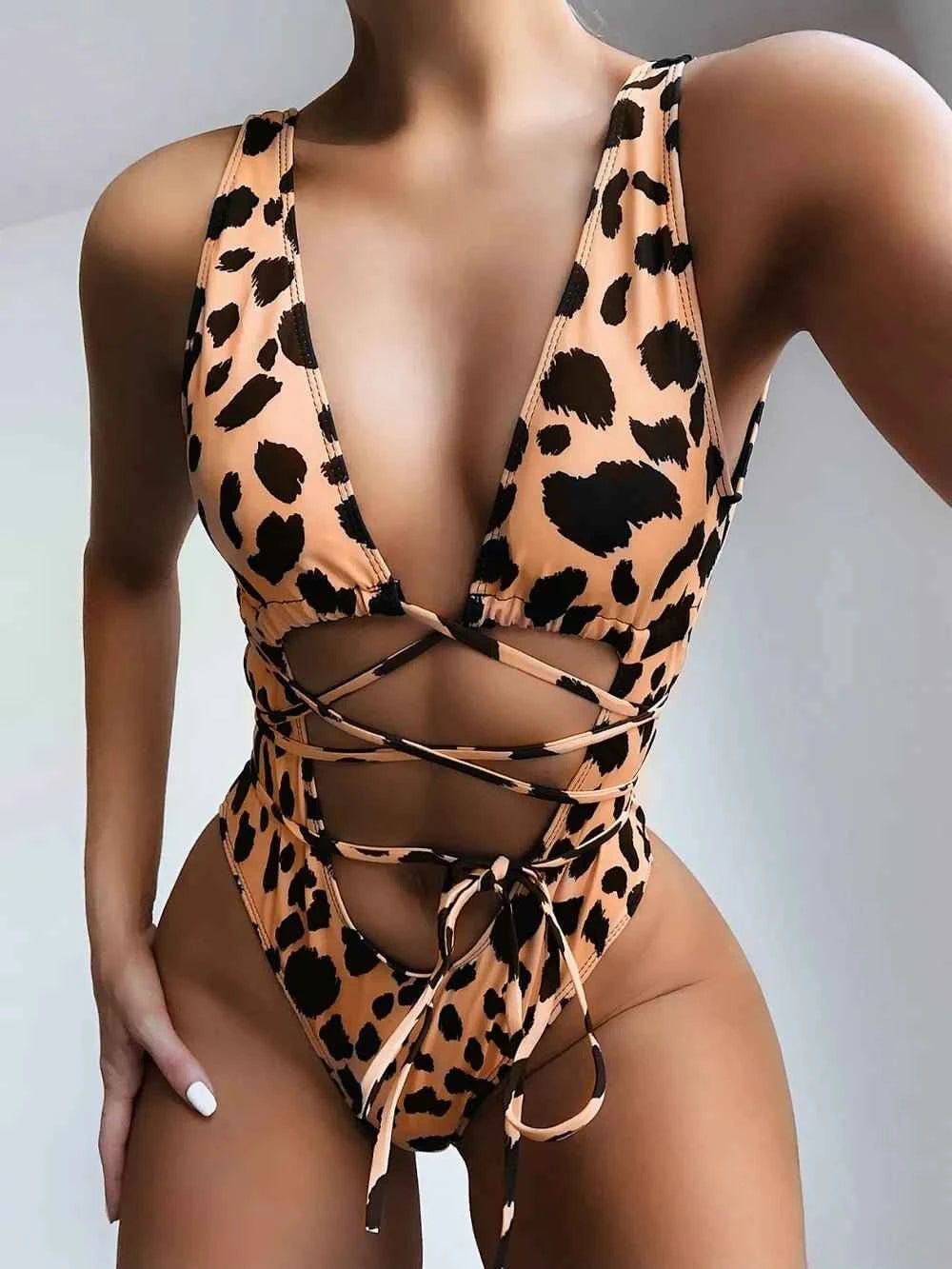 Lace-Up Backless Plunge : One-Piece Swimwear