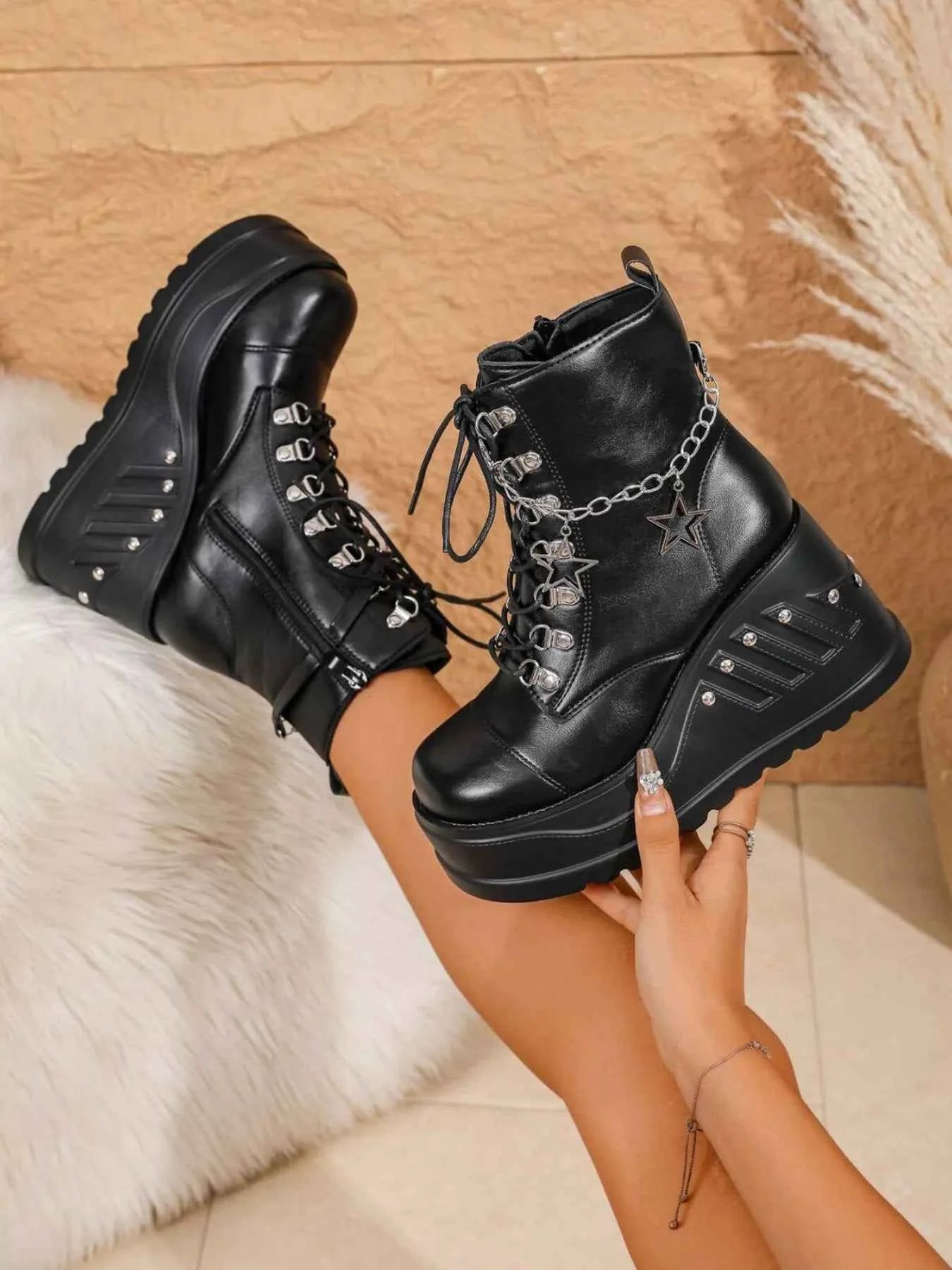 Fashion Platform Goth Boots : With Lace up Wedges Chain