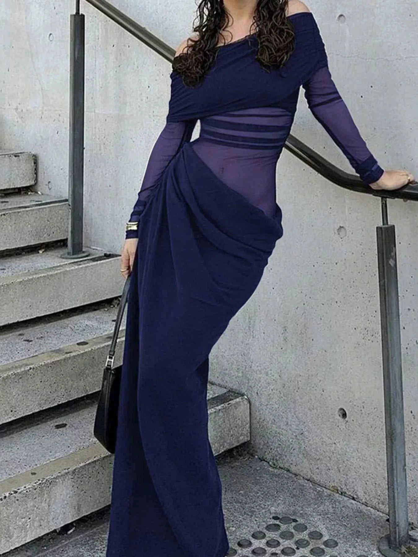 Off-Shoulder Long Sleeve Ruched : Bodycon Maxi Dress