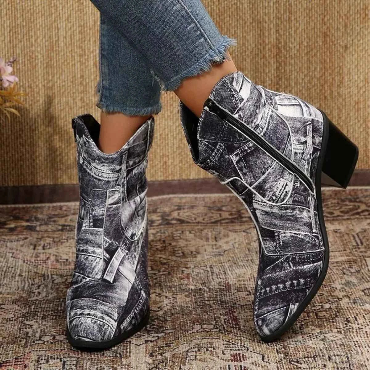 Demin Print : Point Toe Block Ankle Boots