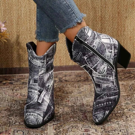 Demin Print : Point Toe Block Ankle Boots