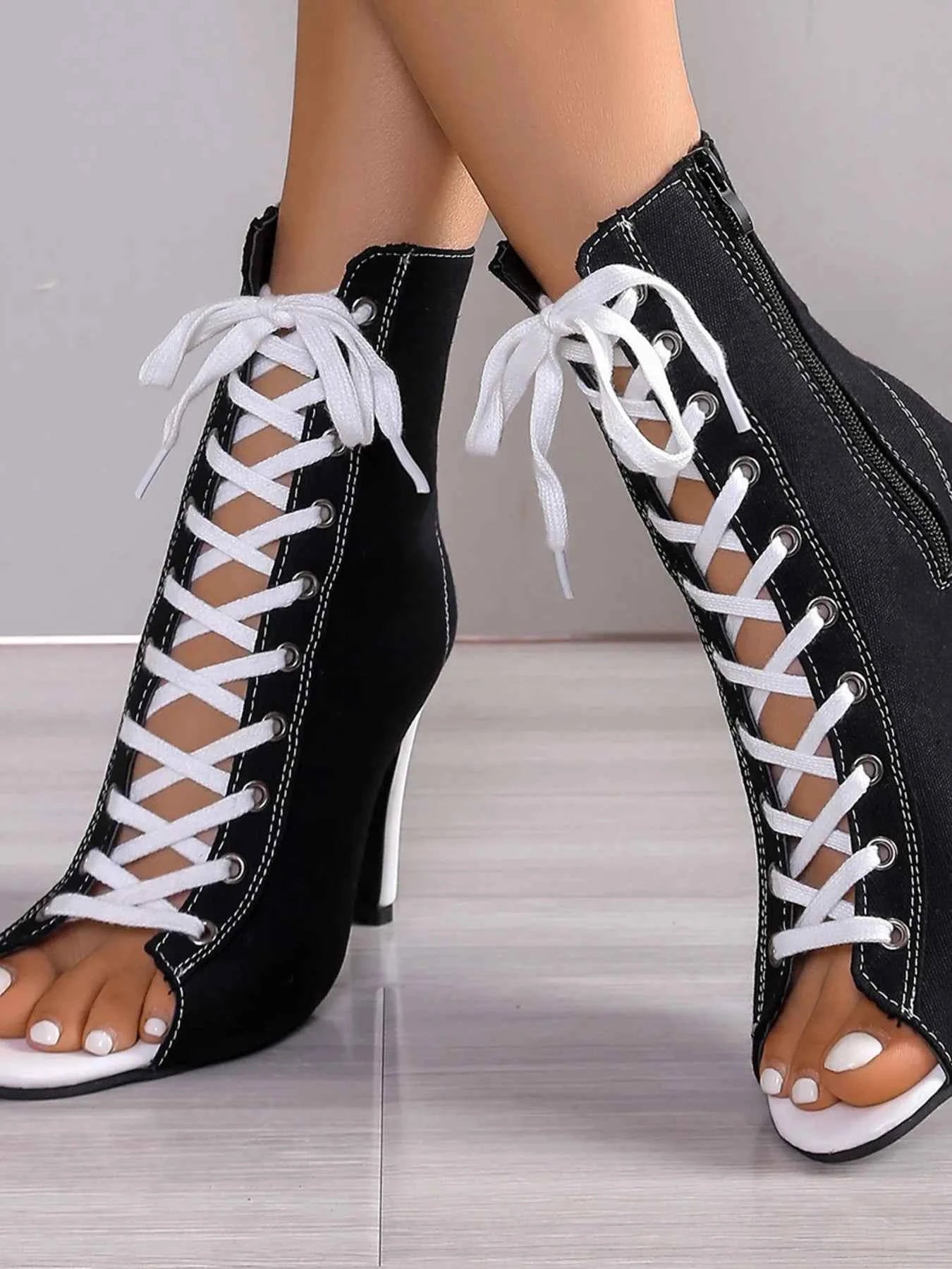 Canvas Lace-Up Peep Toe : Stiletto Ankle Boots