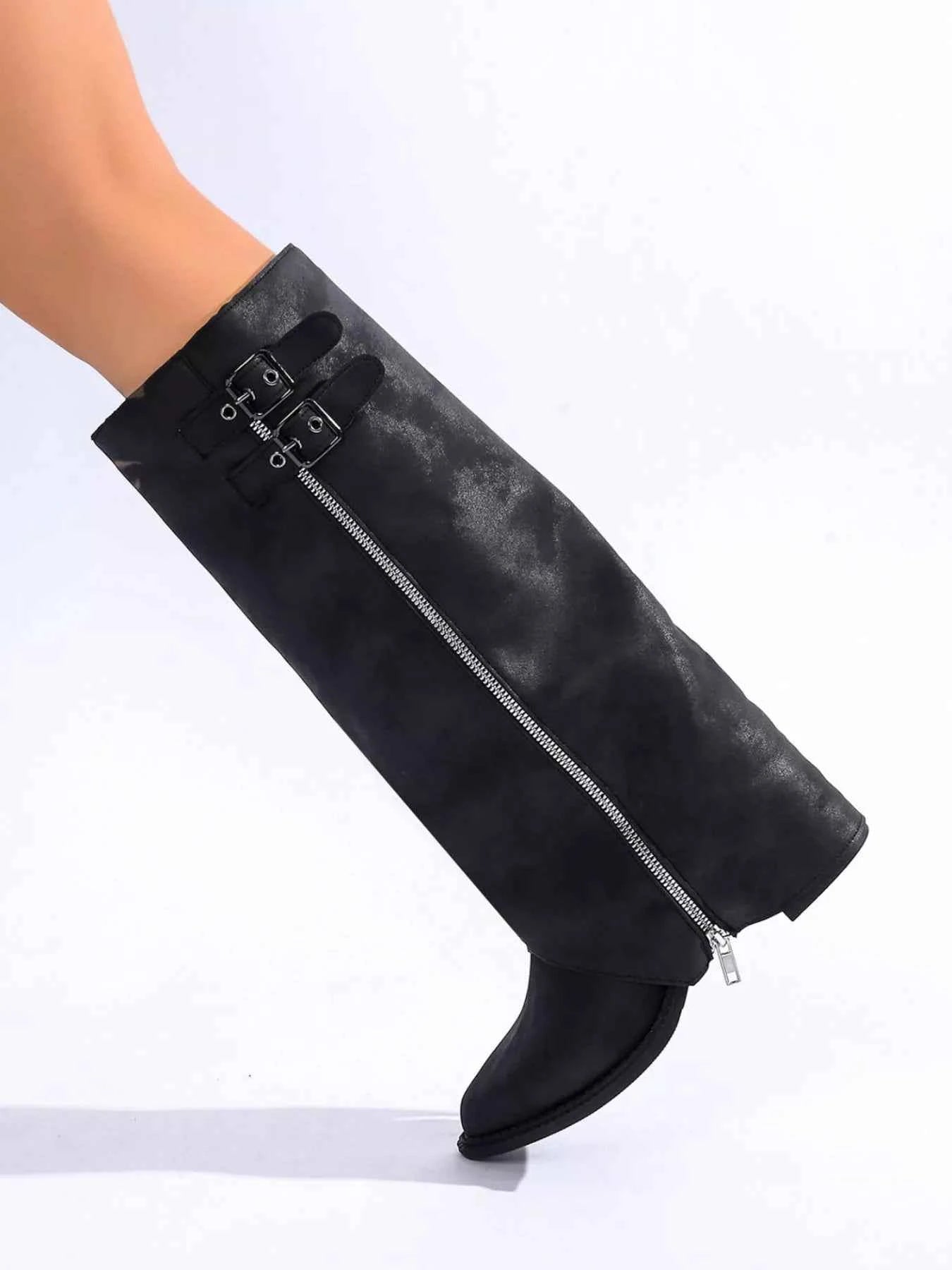 Trendy Black Leather Boots With Zipper