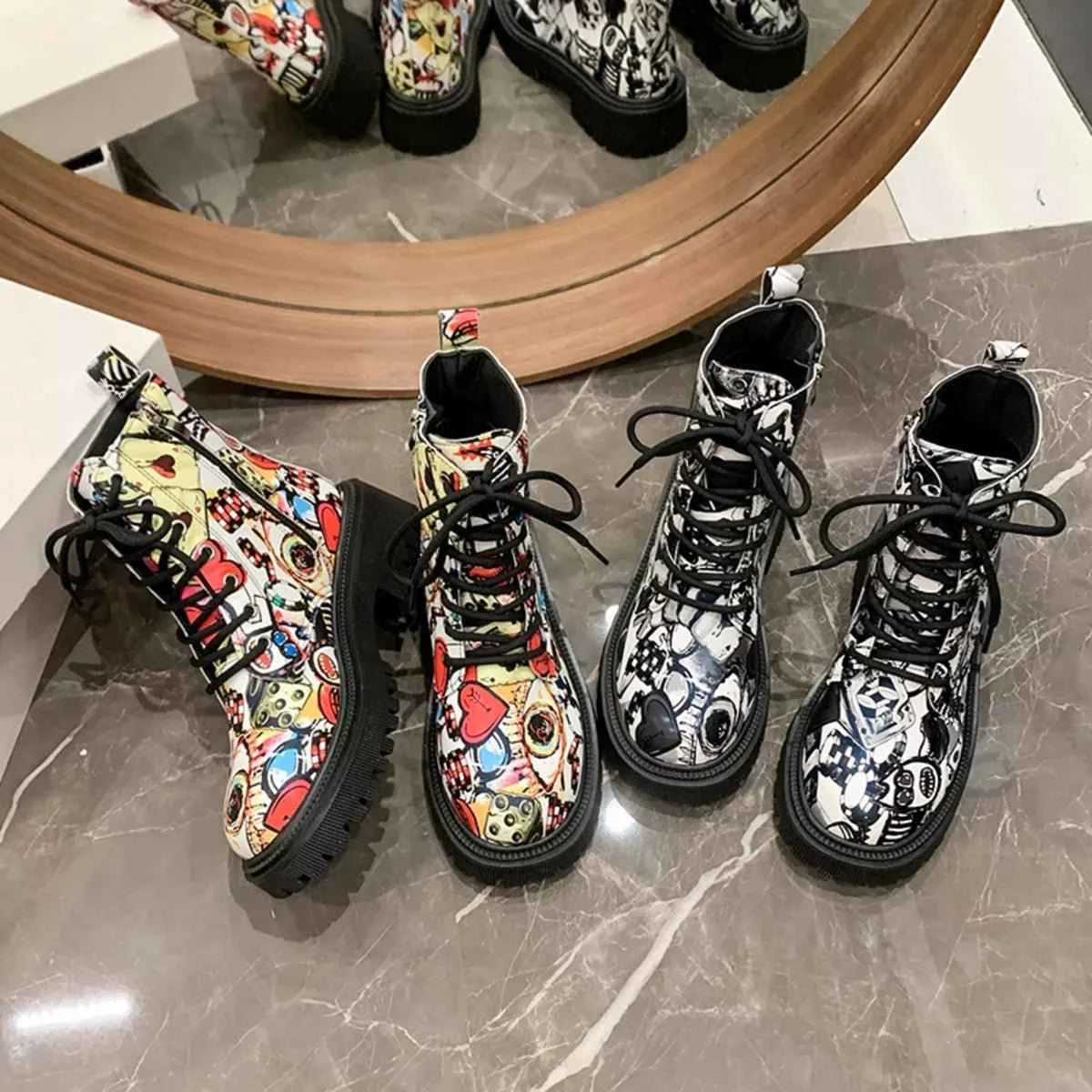 Graffiti Print Combat Boots : Colorful Street Art Design