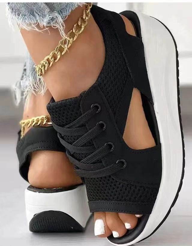 Summer Women Sandales Fashion Shoes Casual Flat Peep Toe Contrast Paneled Cutout Lace-up Muffin Sandals Platform Sport Sandalias eprolo