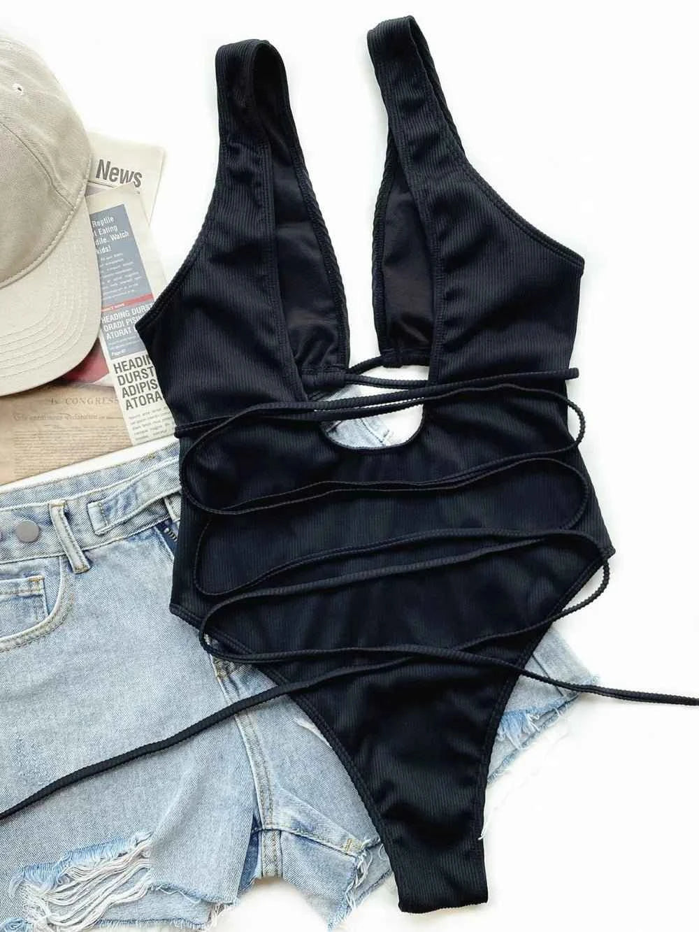 Ribbed Lace Up : One-Piece Swimsuit