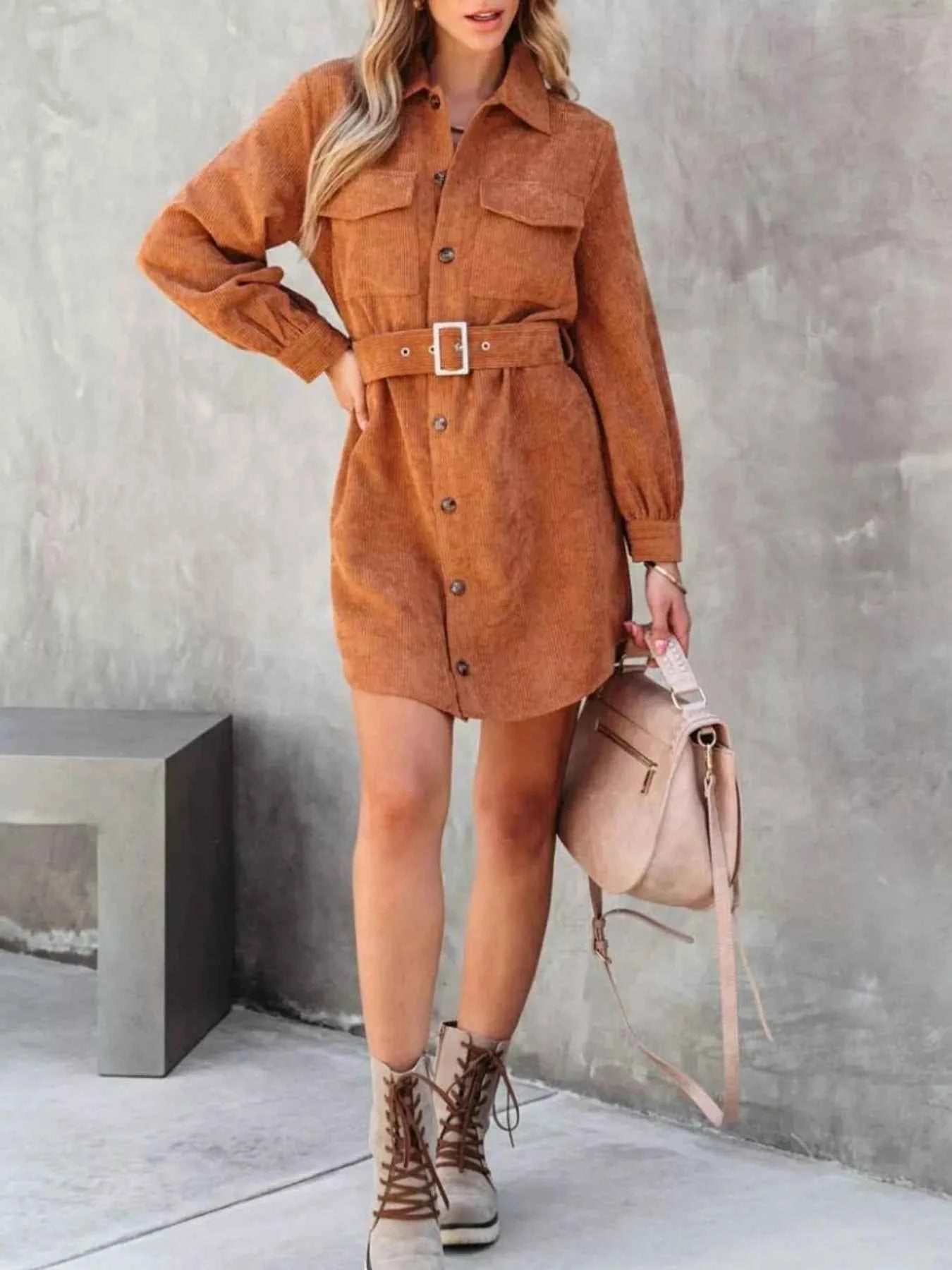 Stylish Button Front Belt Long Sleeve : Corduroy Dress