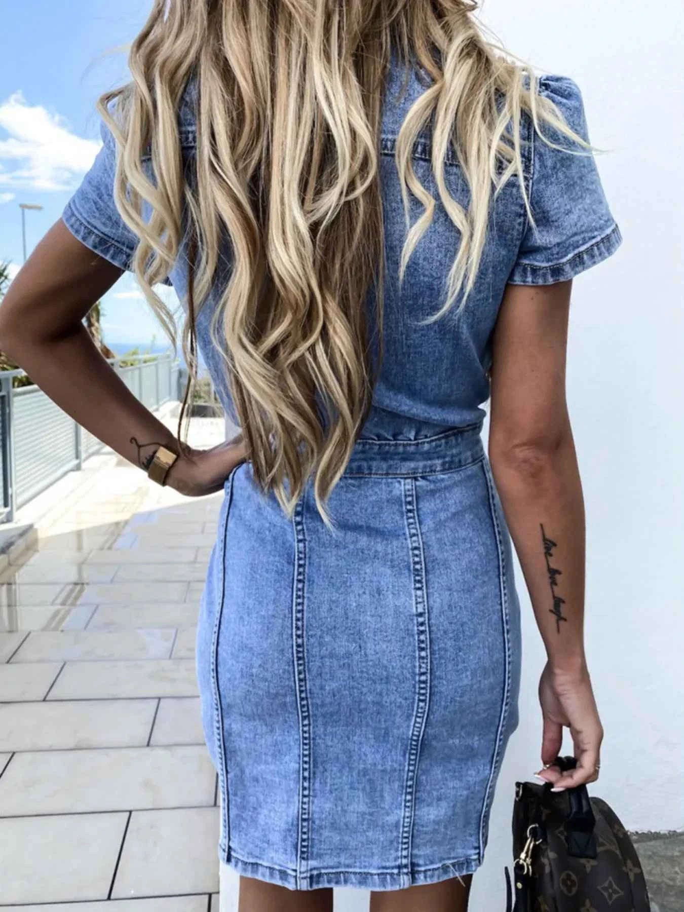 Button Front Short Sleeve : Denim Dress
