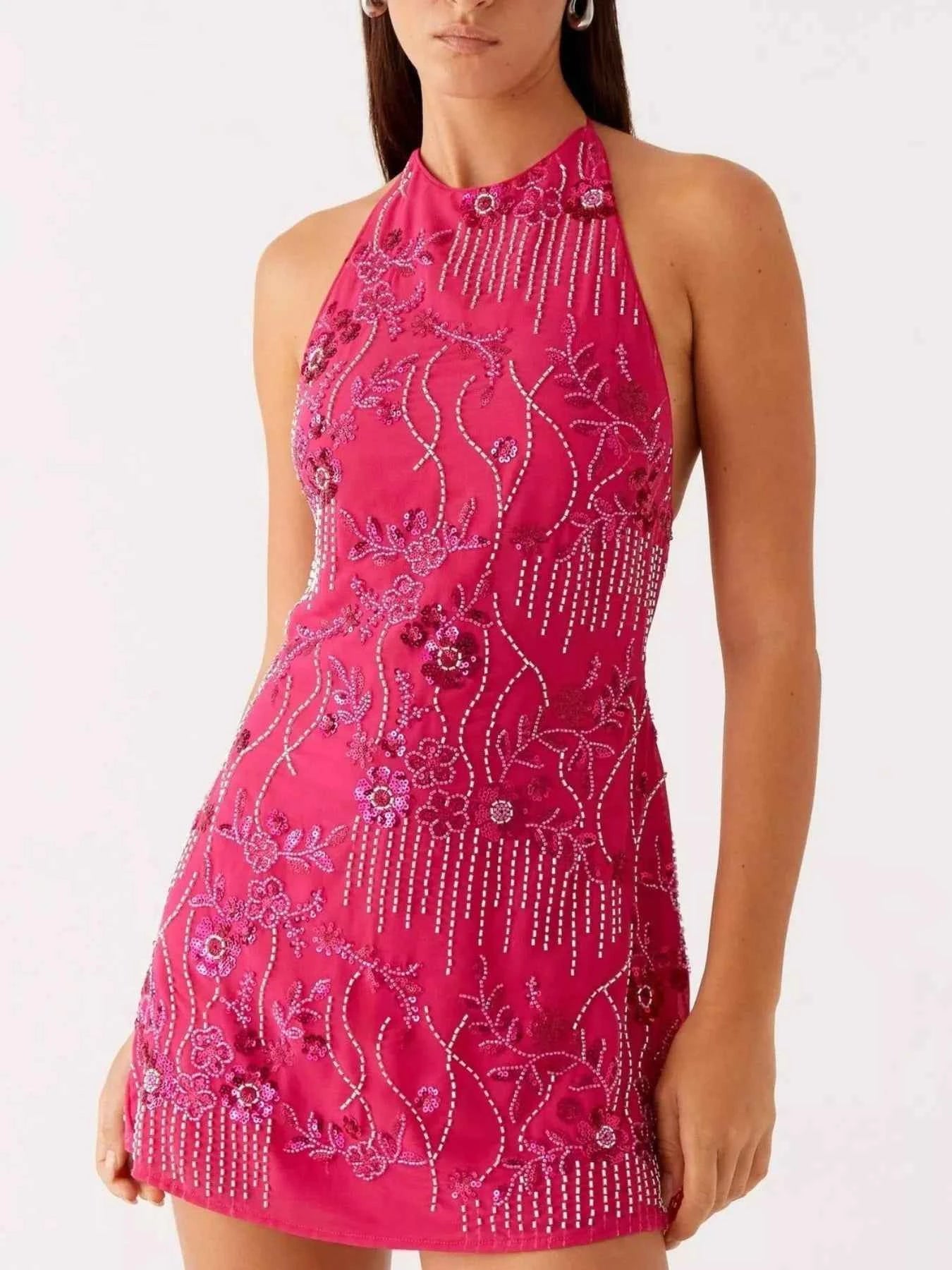 Backless Embroidered Halter Neck : Mini Dress