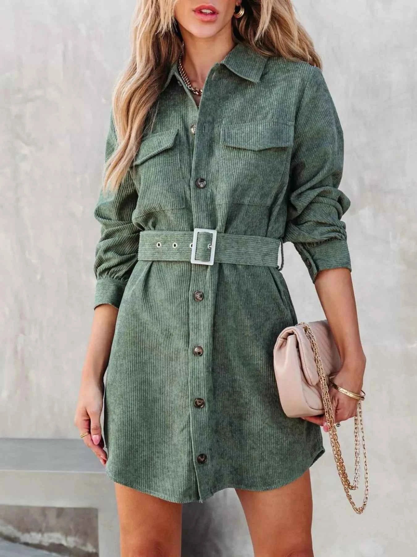 Stylish Button Front Belt Long Sleeve : Corduroy Dress