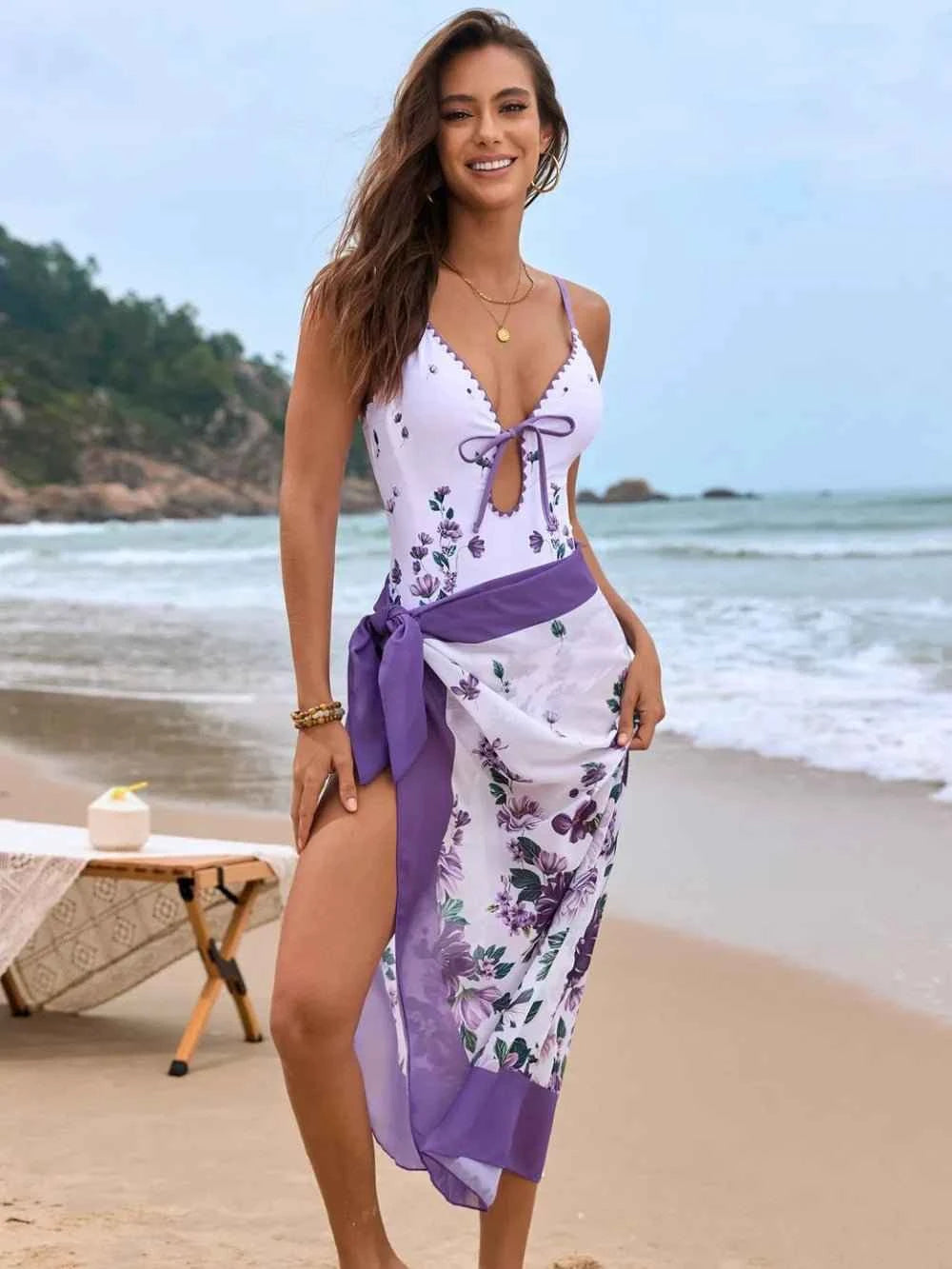 Printed Spaghetti Strap One-Piece Swimwear : Cover Up Swim Set