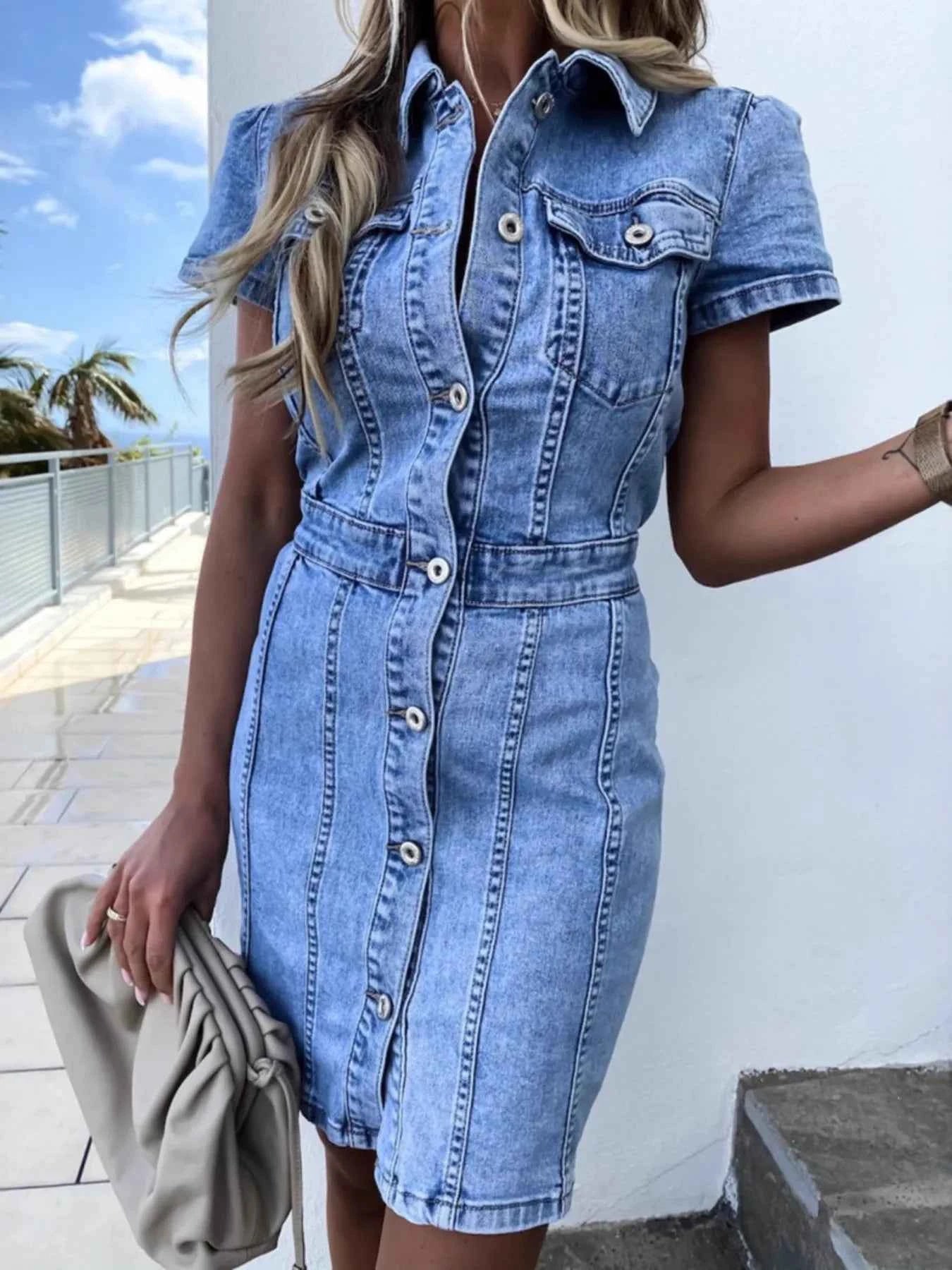 Button Front Short Sleeve : Denim Dress